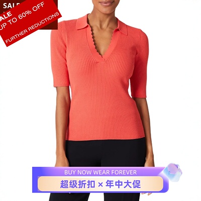 HOBBS橘红色五分袖针织上衣V领POLO领竖坑条简约气质百搭通勤修身
