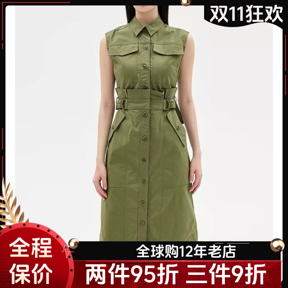 UNI CLOSET连衣裙衬衫裙军绿色微弹棉质系带短款修身百搭英伦