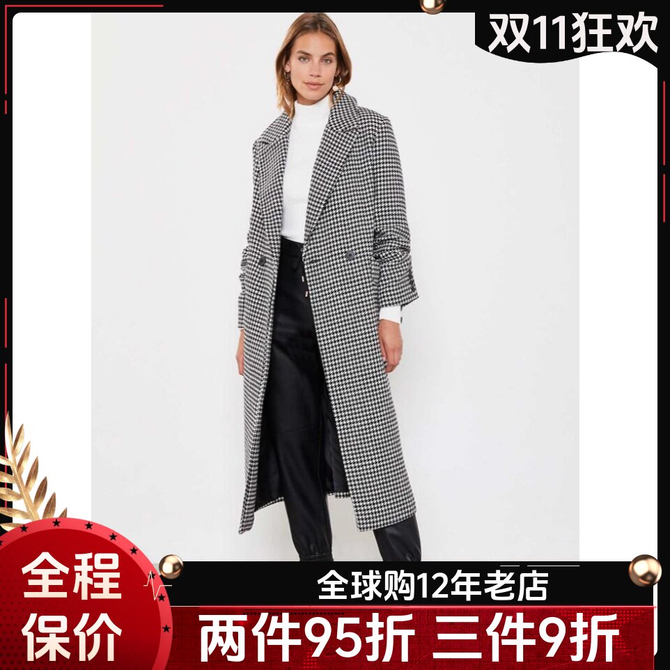 UNI CLOSET西服领羊毛毛呢大衣外套千鸟格黑白双排扣中长修身英伦