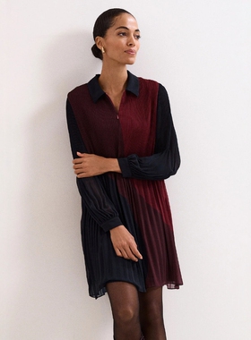 Phase Eight长袖连衣裙衬衫裙百褶裙红蓝拼色优雅飘逸百搭显瘦