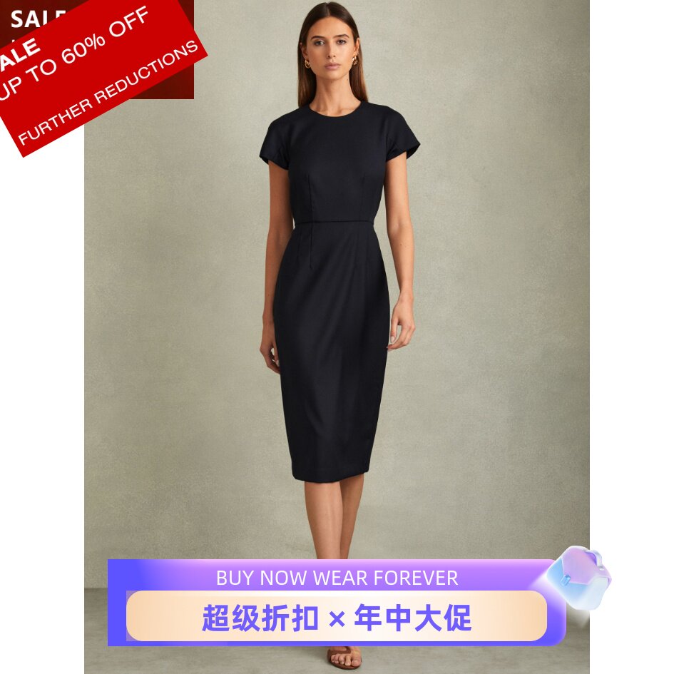 REISS藏蓝短袖连衣裙包臀裙通勤西服裙纯色中长款修身显瘦干练OL