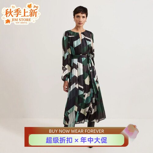 Phase Eight长袖连衣裙中长绿色抽象印花系带优雅英伦风气质显瘦