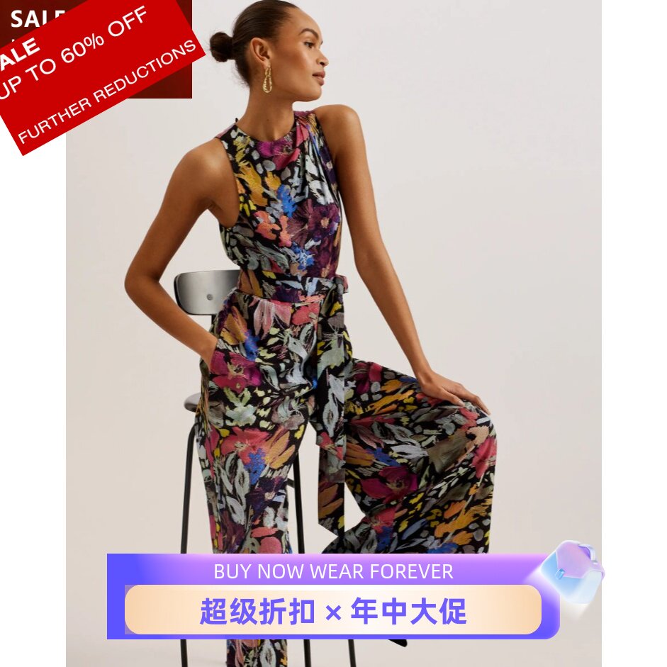 英国品牌夏连体裤连体衣无袖长裤繁花印染系带英伦气质百搭显瘦