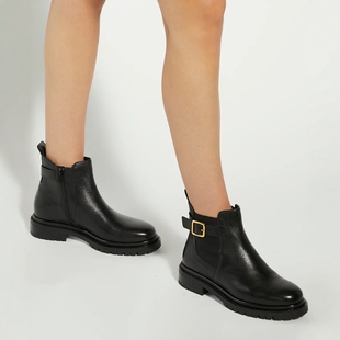 Dune London黑色真皮切尔西靴短靴及踝靴金属搭扣低跟英伦百搭