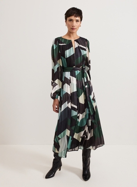 Phase Eight长袖连衣裙长裙系带青绿色块拼接抽象英伦优雅气质