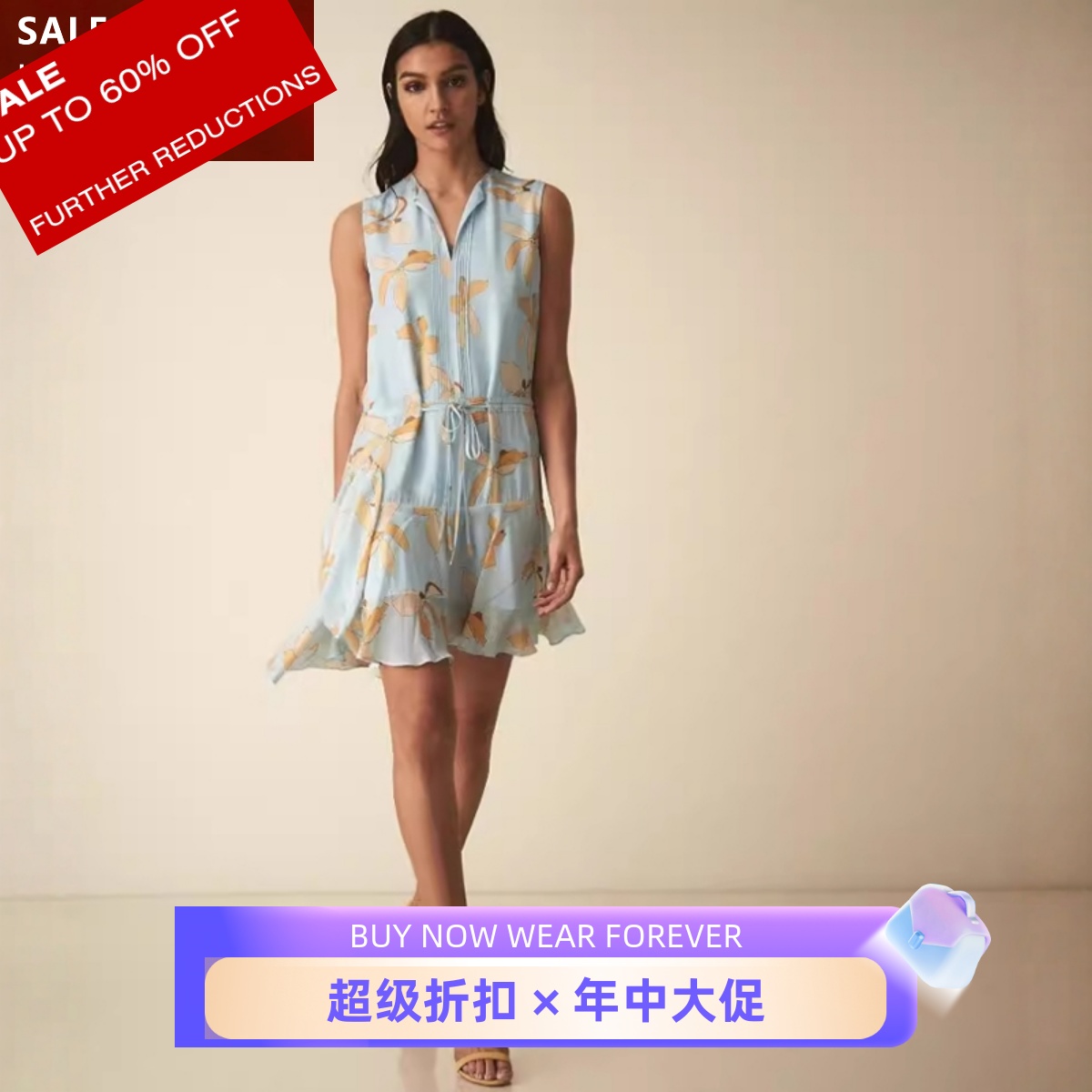 REISS连衣裙一步裙清新淑女无袖印花束腰蓝色优雅淑女百搭通勤