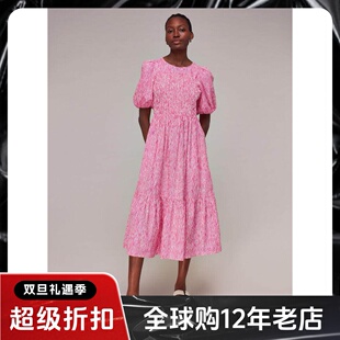 WHISTLES连衣裙粉色短袖休闲度假裙露背大摆中长波浪条纹弹力修身