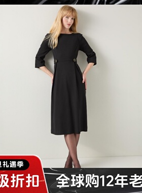 LK BENNETT黑色七分袖连衣裙中长款高腰修身优雅英伦气质通勤显瘦