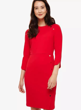 Phase Eight七分袖连衣裙包臀裙红色高腰修身纽扣装饰气质百搭