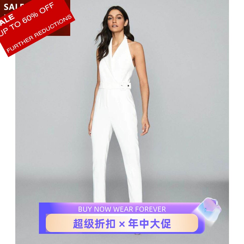 白色露背挂脖束腰西服领连体裤