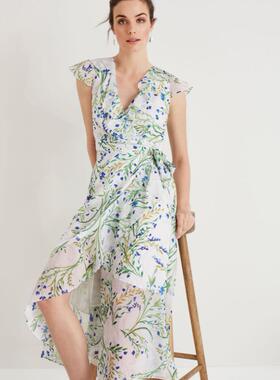 Phase Eight短袖雪纺连衣裙中长A字修身白底碎花印花优雅清新淑女