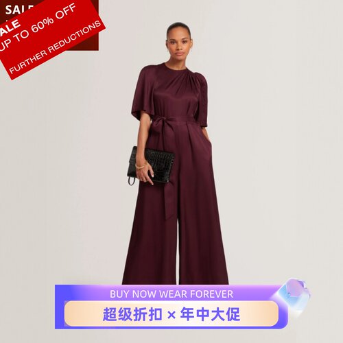 TED BAKER酒红断码连体裤连体衣阔腿短袖高腰系带干练气质优雅