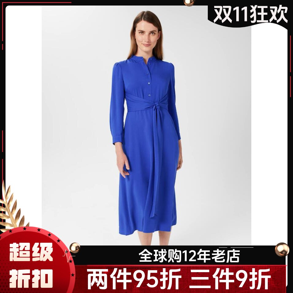 HOBBS蓝色长袖裹腰衬衫裙