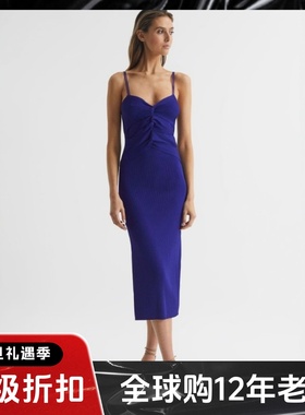 REISS吊带连衣裙度假裙中长包臀裙紫色褶皱装饰高腰修身显瘦气质