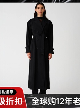 UNI CLOSET黑色风衣外套长款双排扣西服领系带气质英伦显瘦百搭