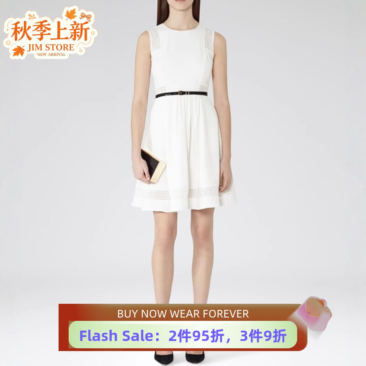 REISS白色连衣裙小白裙A字纯色短裙蕾丝镂空高腰修身清新淑女