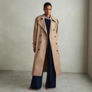 REISS驼色风衣外套双排扣中长款配腰带纯色经典英伦风气质百搭