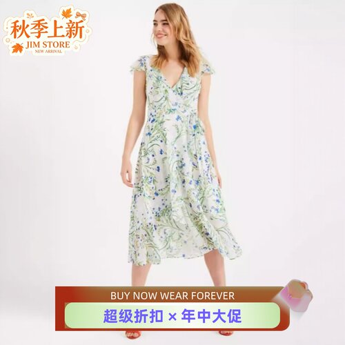 Phase Eight短袖雪纺连衣裙中长A字修身白底碎花印花优雅清新淑女