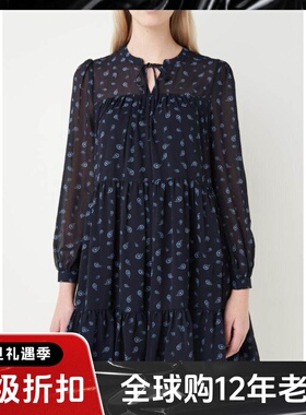 WHISTLES长袖连衣裙纱网秋深蓝印花碎花羽状复古英伦通勤气质百搭
