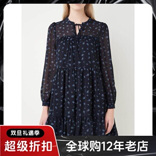 WHISTLES长袖连衣裙纱网秋深蓝印花碎花羽状复古英伦通勤气质百搭