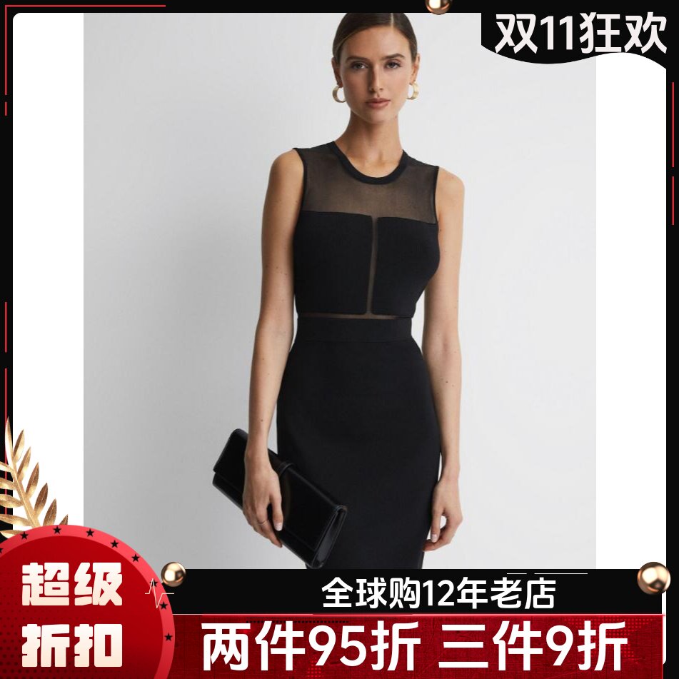 REISS黑色无袖纱网拼接包臀裙