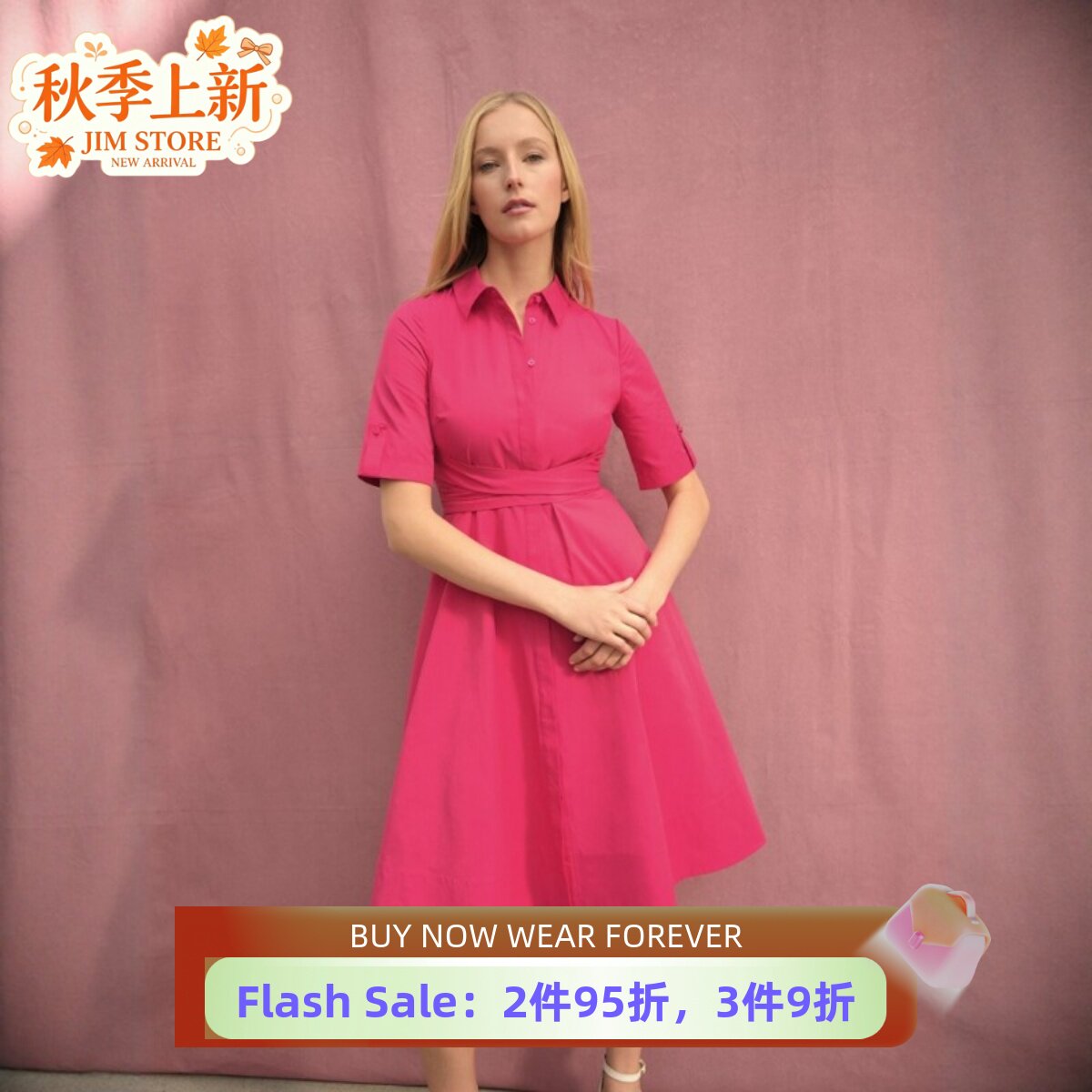 HOBBS短袖连衣裙衬衫裙中长款红色中长系带经典棉质气质通勤休闲