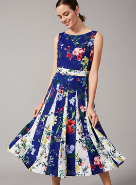 Phase Eight连衣裙中长蓝色碎花高腰修身无袖圆领复古英伦淑女风