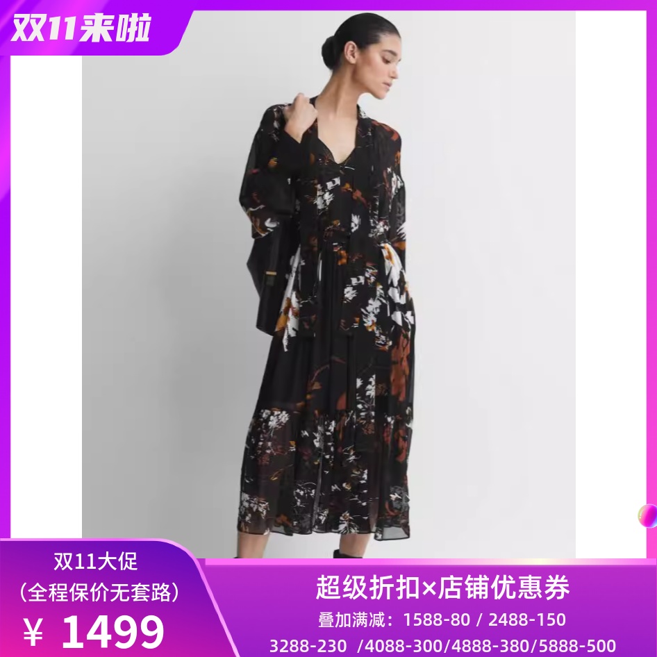 REISS长袖连衣裙中长裙黑底印花系带优雅英伦风裙子百搭显瘦