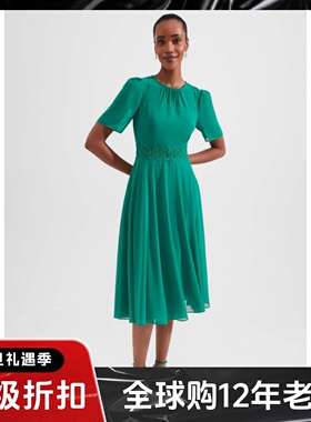 HOBBS绿色短袖连衣裙纯色雪纺裙中长高腰大摆飘逸英伦气质百搭