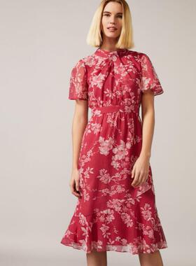 Phase Eight短袖连衣裙中长款红碎花一步裙修身复古英伦优雅百搭