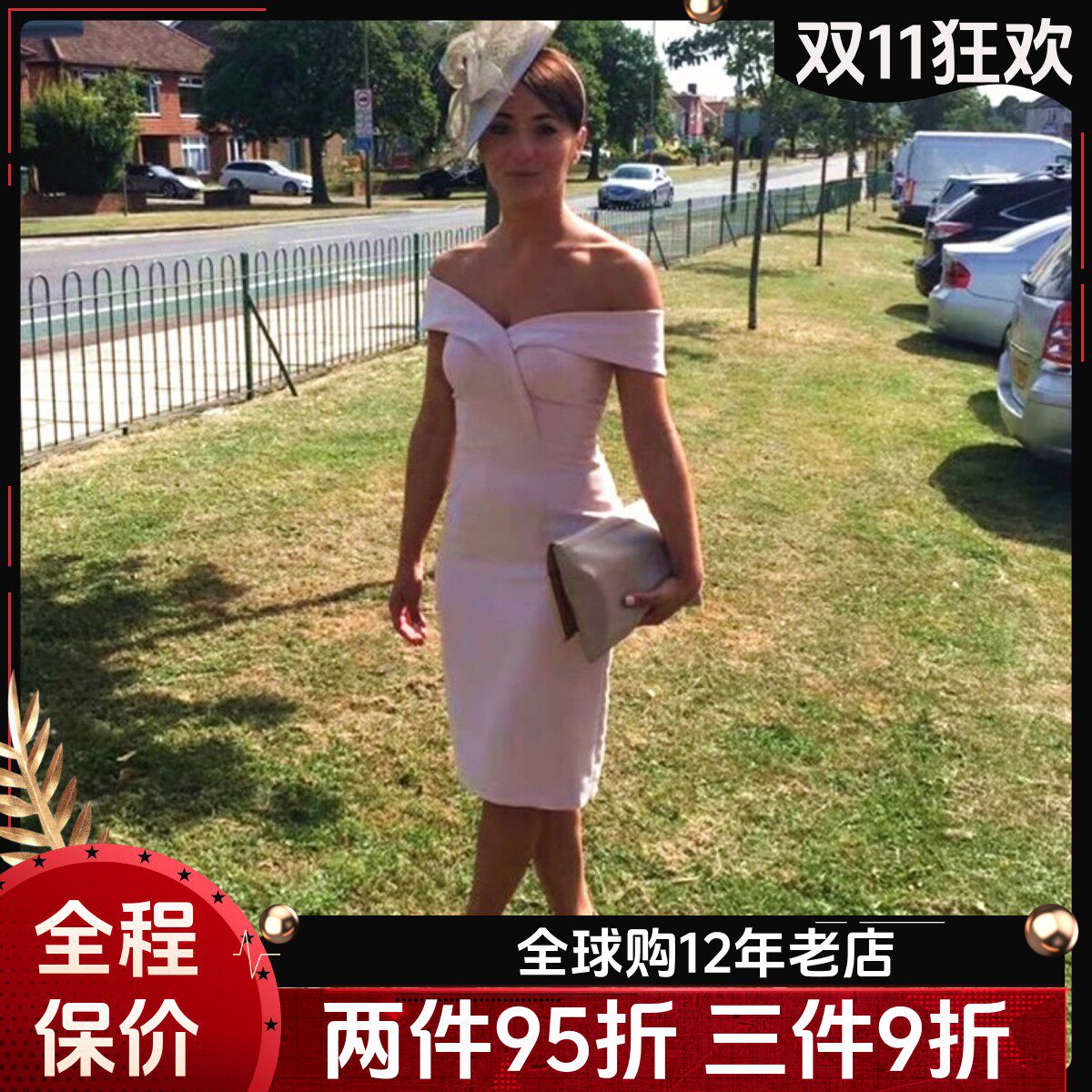 REISS连衣裙礼服裙度假裙包臀交叉一字领露肩高腰修身纯色优雅