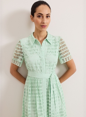 Phase Eight短袖衬衫裙浅绿色中长A字系带格子镂空简约清新淑女风