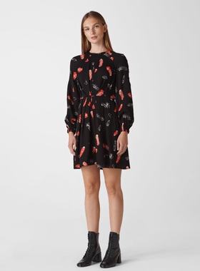 Phase Eight长袖连衣裙黑色羽毛印花修身一步裙优雅英伦淑女风显