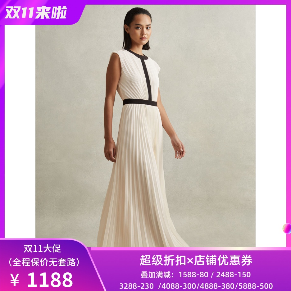 REISS白色百褶连衣裙礼服裙长裙露背黑色缝边高腰修身优雅名媛风