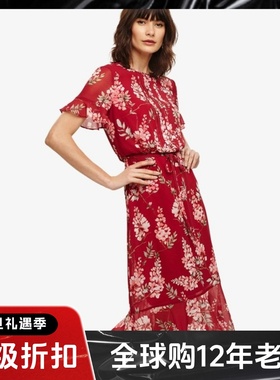 Phase Eight短袖红色碎花连衣裙中长款系带修身鱼尾气质英伦风