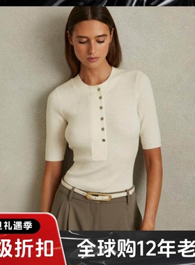 REISS白色短袖针织衫POLO衫坑条修身纯色简约经典百搭通勤休闲