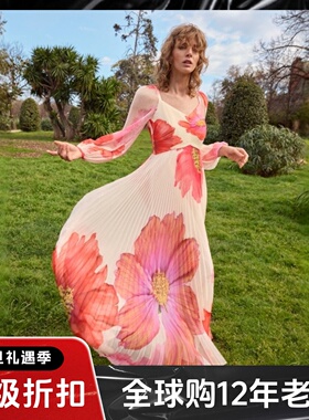 Phase Eight长袖雪纺度假裙连衣裙百褶长裙白色粉红印花优雅飘逸