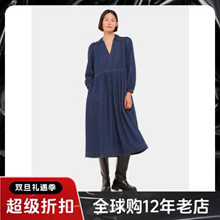 WHISTLES长袖连衣裙牛仔裙中长款水洗蓝青蓝衬衫V领宽松英伦风