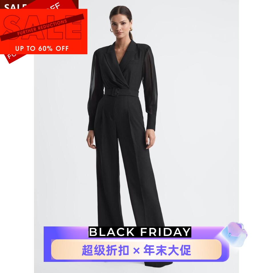 REISS黑色长袖西服领连体长裤