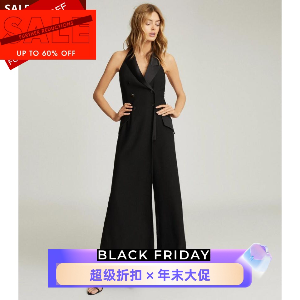 黑色西服领无袖露背英伦连体裤