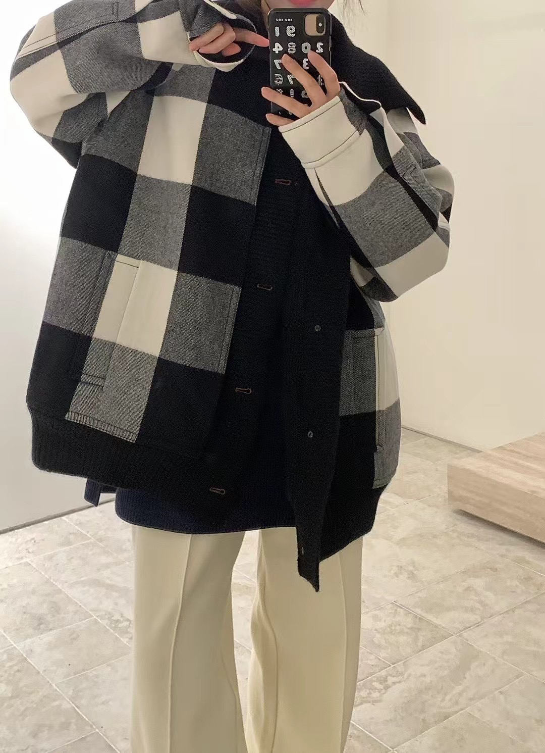 8ON8 马嘉祺同款 秋冬格纹呢子拼接短大衣外套