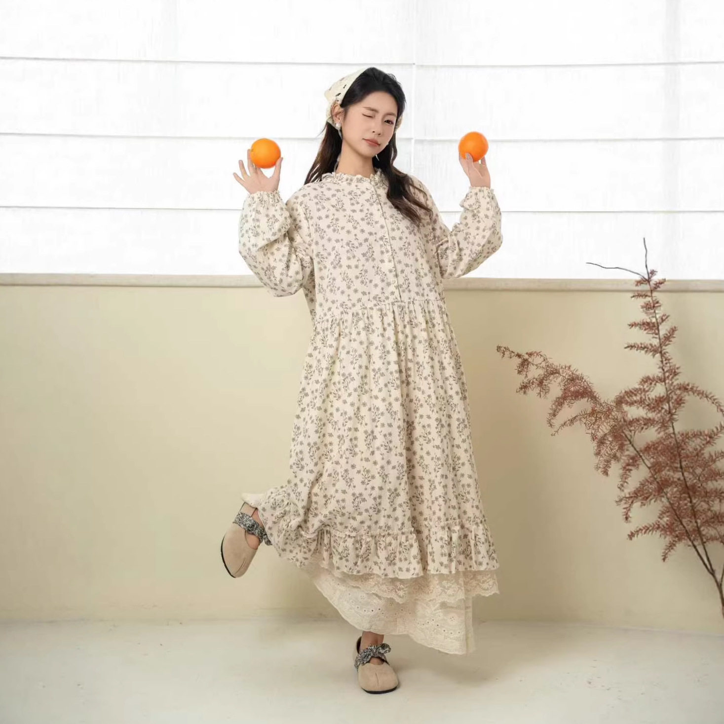 2026春季日系森女清新纯棉碎花连衣裙半开扣圆领套头长袖宽松长裙