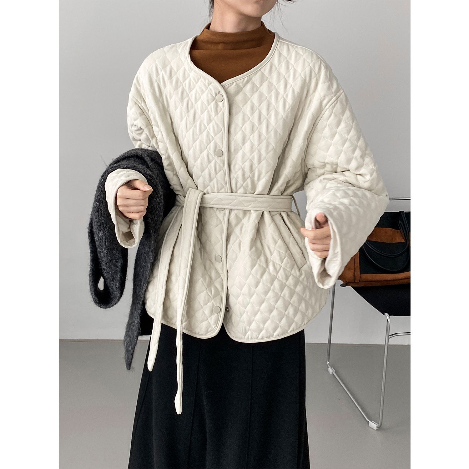 那末初冬小暖炉~韩系气质菱格棉衣女圆领宽松绑带收腰棉服
