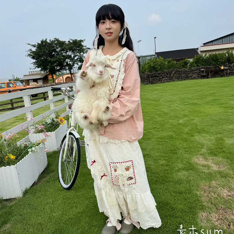 蝴蝶结刺绣甜美半身裙小清新森系盐甜少女中长款松紧腰A字裙子