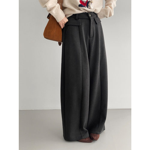 那末韩系通勤气质灰色假口袋阔腿裤女加绒加厚百搭垂感直筒裤J812