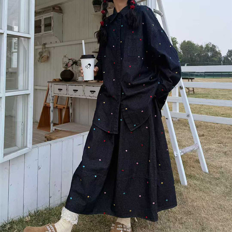藏蓝色彩色圆点刺绣牛仔群女春季新款松紧腰复古宽松显瘦半身裙