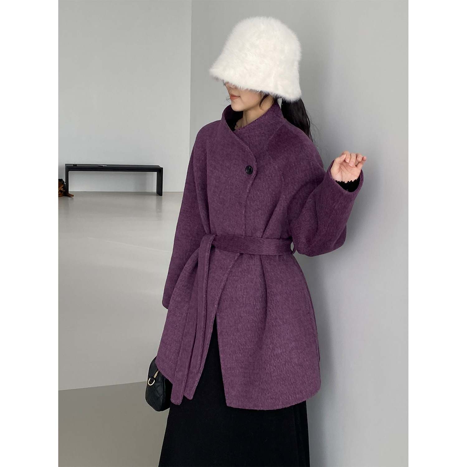 那末韩系高级感紫色立领双面呢大衣女小个子中长羊毛呢外套