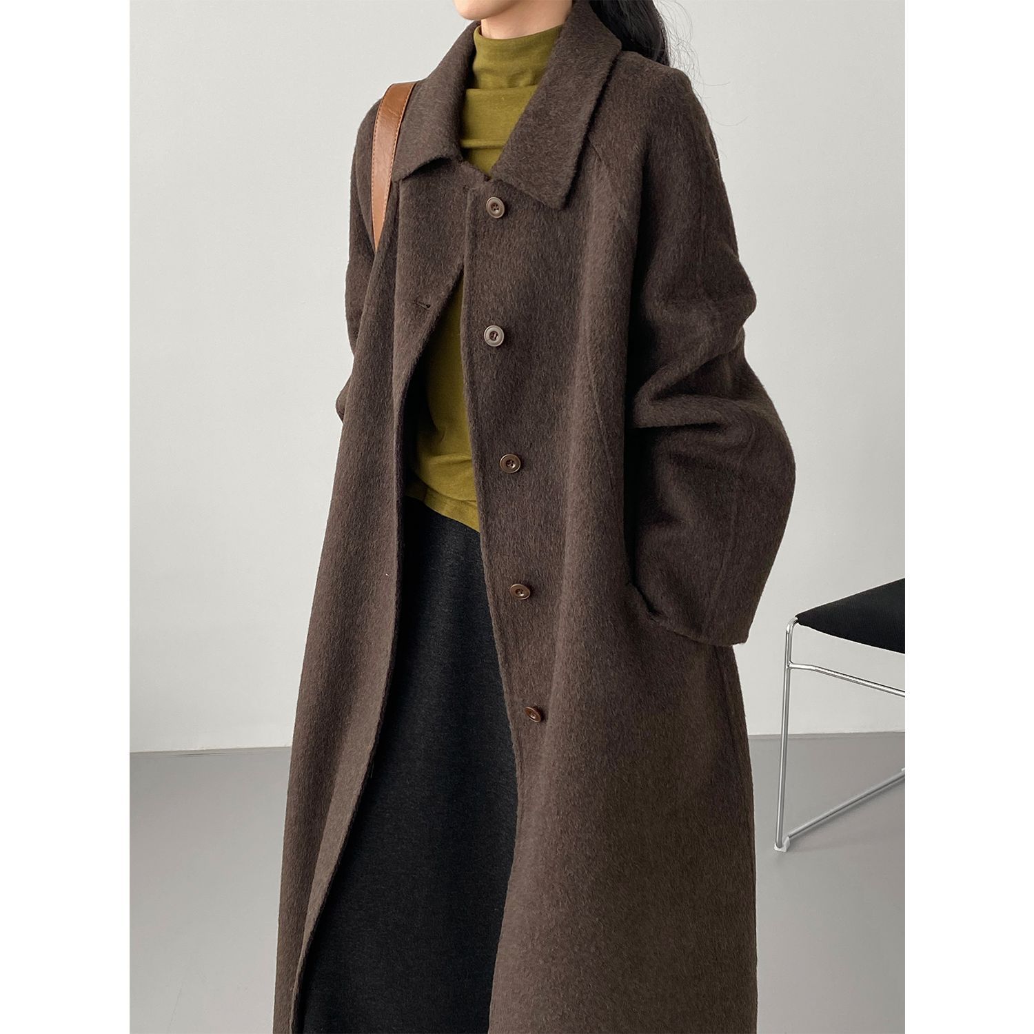 那末经典大衣 简约气质翻领羊毛大衣女单排扣长款高级感外套