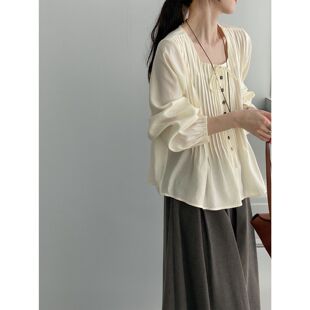 那末 私服款 韩系方领系带衬衫女早秋日常通勤风琴褶衬衣
