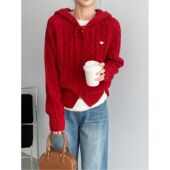 那末韩系早春小爱心连帽毛衣女温柔麻花宽松拉链针织开衫